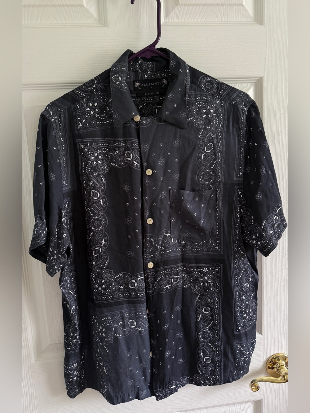 All Saints Navy Bandana-Print Short Sleeve Button-Front Shirt - Picture 6 of 9